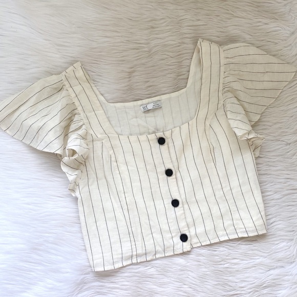 Zara Cream Pin Stripe Ruffle Button Front Crop Top Shirt - Picture 2 of 10